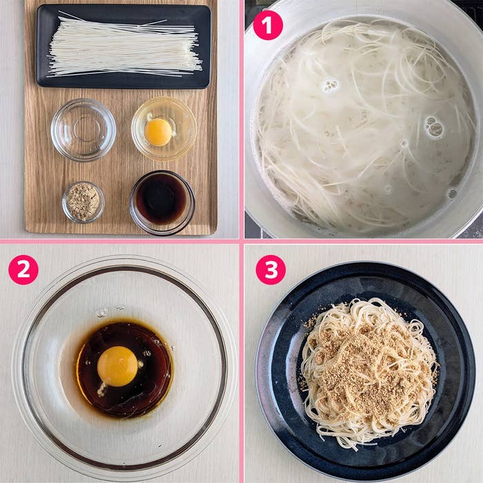 卵と調味料で作る簡単レシピ。乾麺をゆで、卵と調味料を混ぜ、麺にかけて完成。