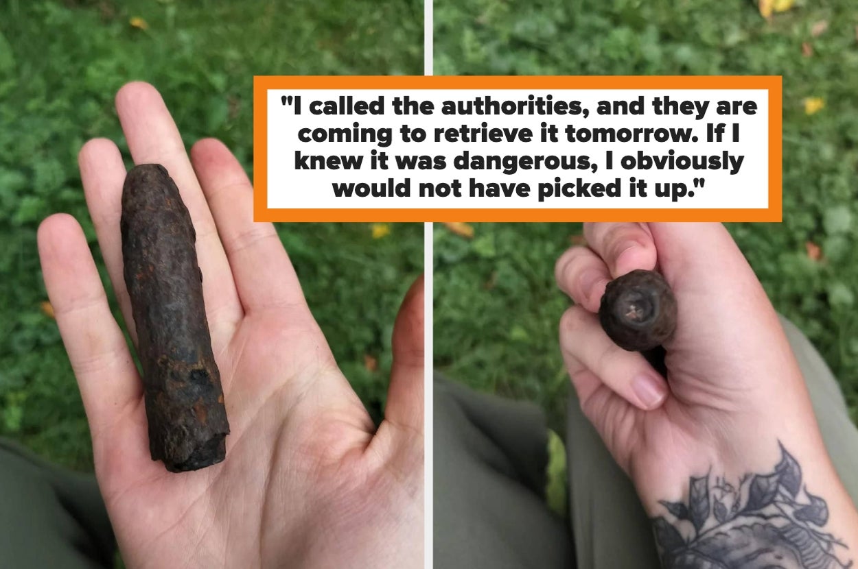 Close-up of hands holding a rusty object; text mentions contacting authorities due to potential danger