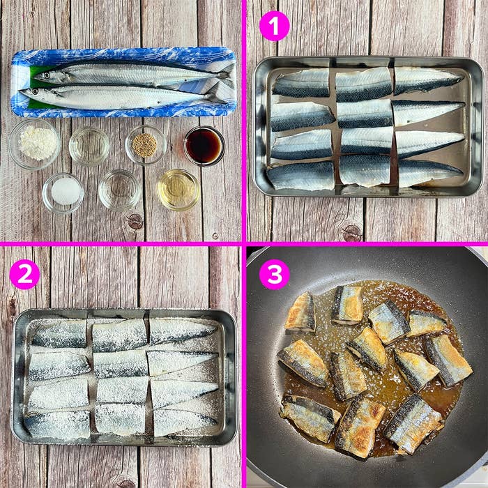魚の切り身を調理する手順。1枚目:下準備。2枚目:小麦粉をまぶす。3枚目:フライパンで焼く。