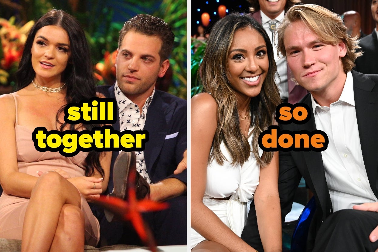 Split image of Raven Gates, Adam Gottschalk, Tayshia Adams, and John Paul Jones. Text: "still together / so done" over each couple