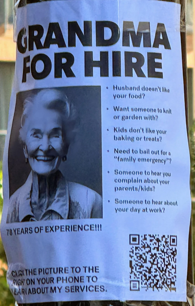 A poster offers grandma services including cooking, knitting, and listening. Features see  70 years of acquisition   and a QR codification  for inquiries