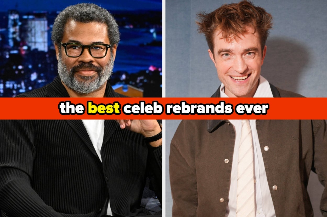 Split image of Jordan Peele and Robert Pattinson. Text: "the best celeb rebrands ever"