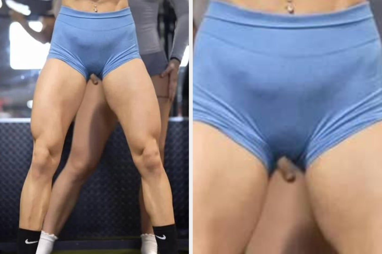 Two separate images of a person in athletic shorts showcasing muscular legs