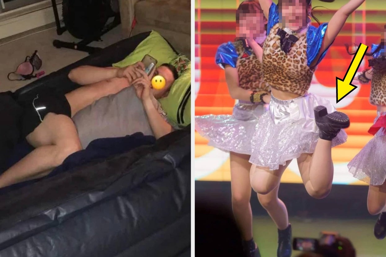Two images: Left, a person on an air mattress uses a phone. Right, a person on stage in a colorful outfit, with a focus on their platform shoe