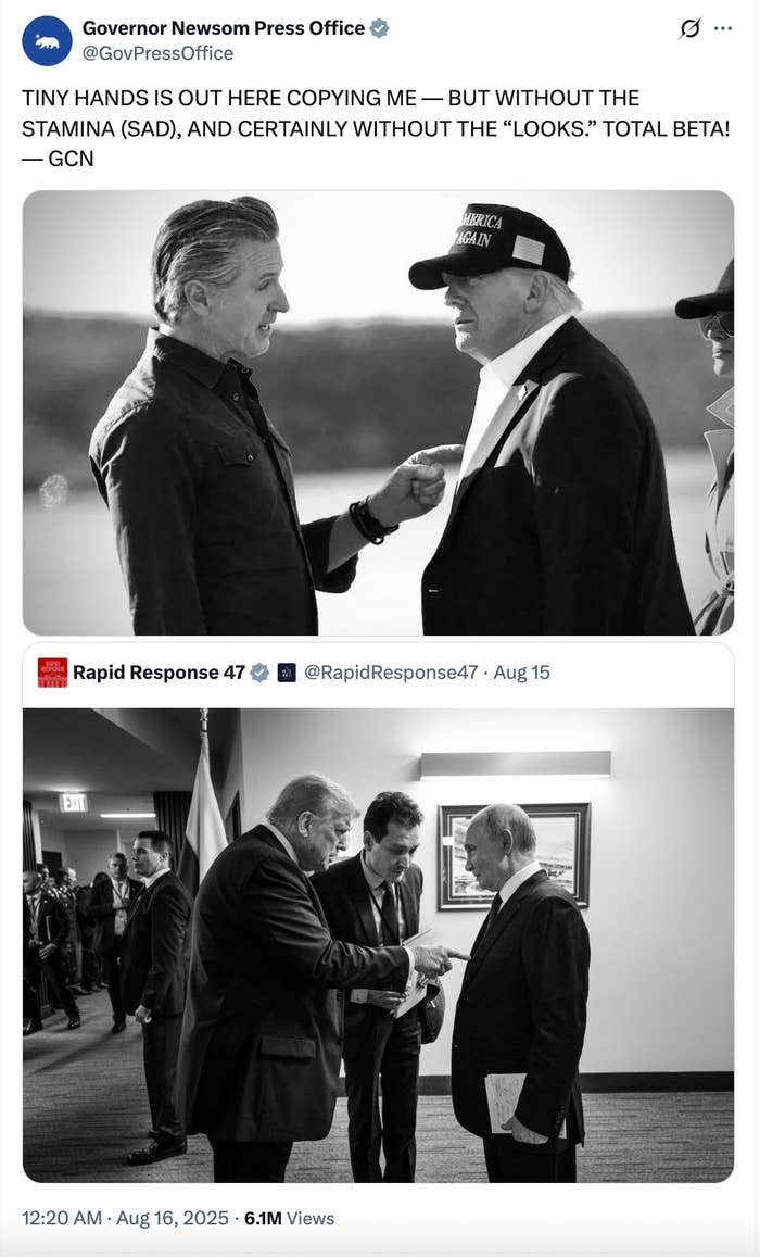 Two men in a friendly discussion. Upper text comments on a person's lack of "stamina" and "looks." Two similar images shown of public figures
