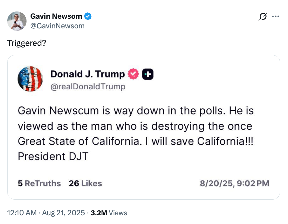 Tweet from Donald J. Trump criticizing Gavin Newsom, calling him "Gavin Newscum" and promising to "save California."