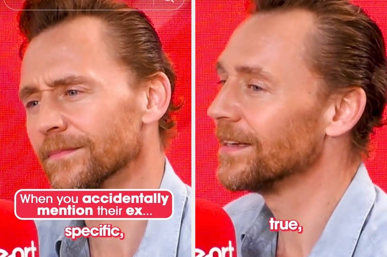 Man with beard in casual shirt speaking into a red microphone, text overlay reads: "When you accidentally mention their ex... specific, true,"
