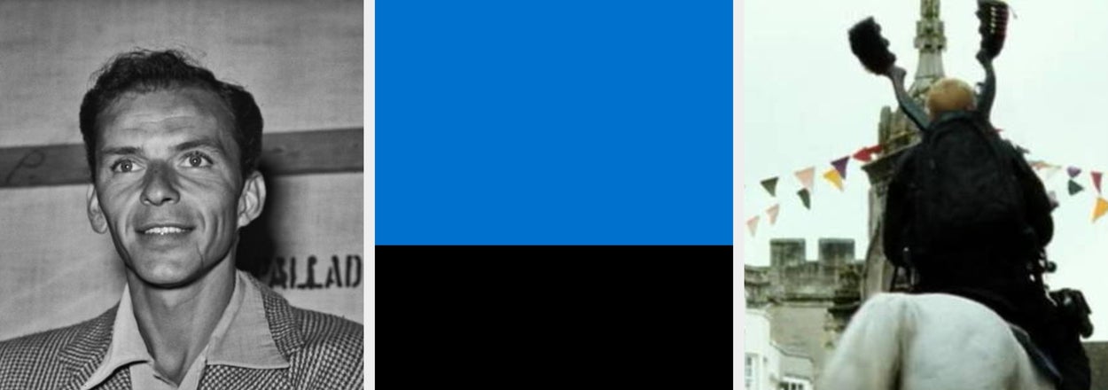 Three panels labeled "Music," "Geography," "Film": a classic crooner, black-blue-white flag, and person on a horse playing bagpipes