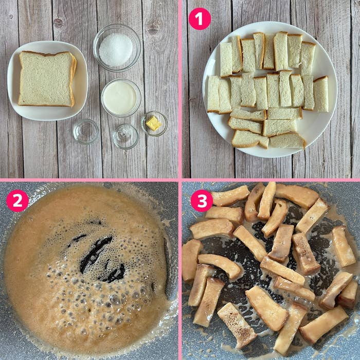 パンと材料を使った簡単なおやつの作り方ステップ:食材準備、液体調合、パンに絡める。