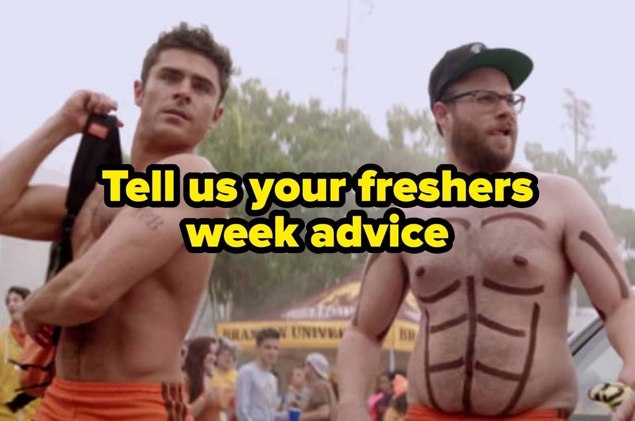 Two people in humorous costumes, one with painted abs, stand outdoors. Overlaid text: "Tell us your freshers week advice."