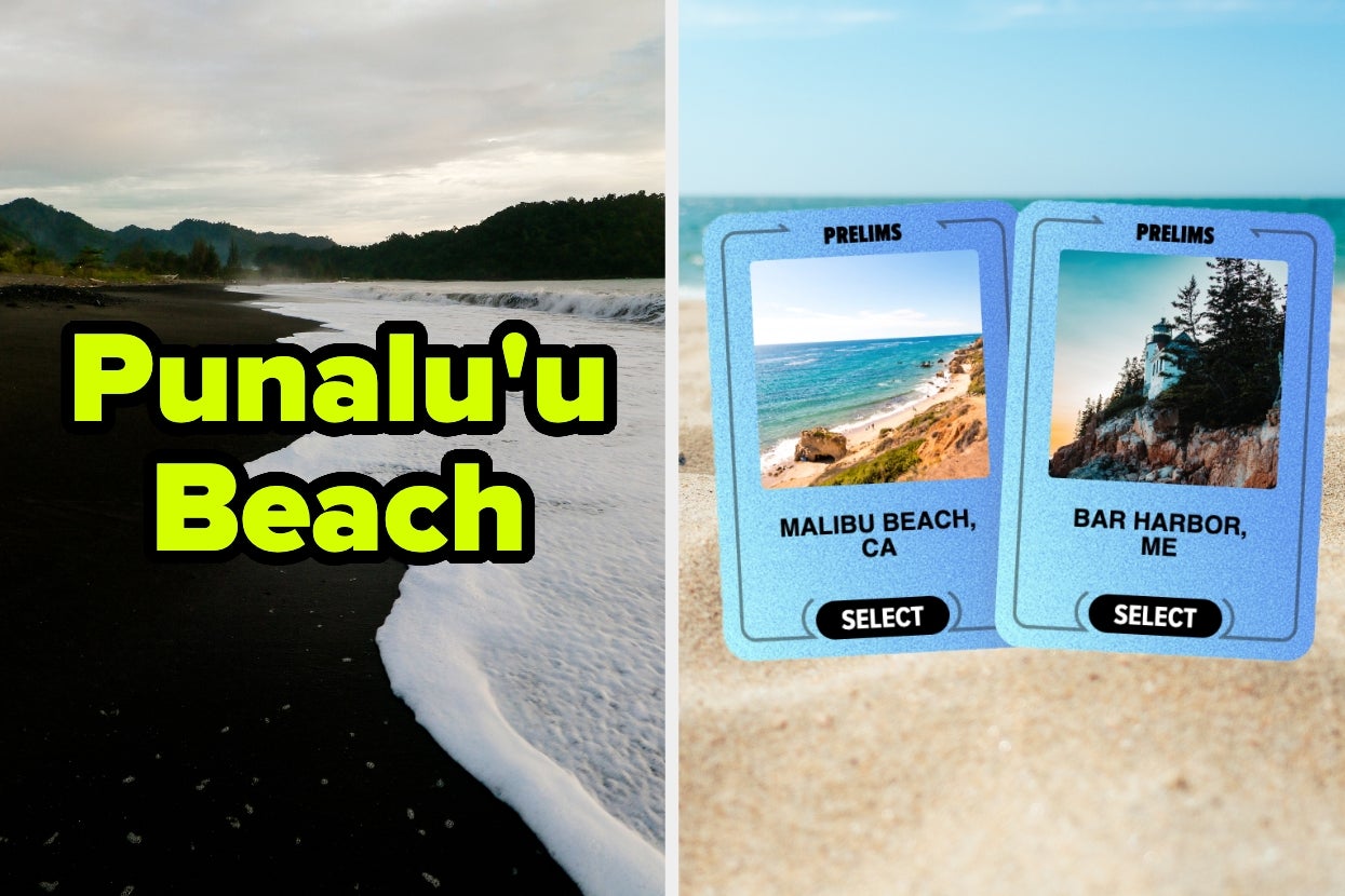 Split image: Left shows Punalu'u Beach with dark sand and surf. Right displays two cards for Malibu Beach, CA, and Bar Harbor, ME on sand