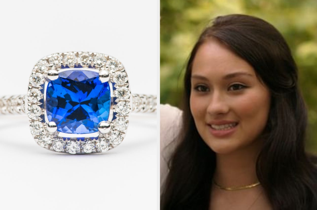 A sapphire and diamond ring; woman smiling outdoors