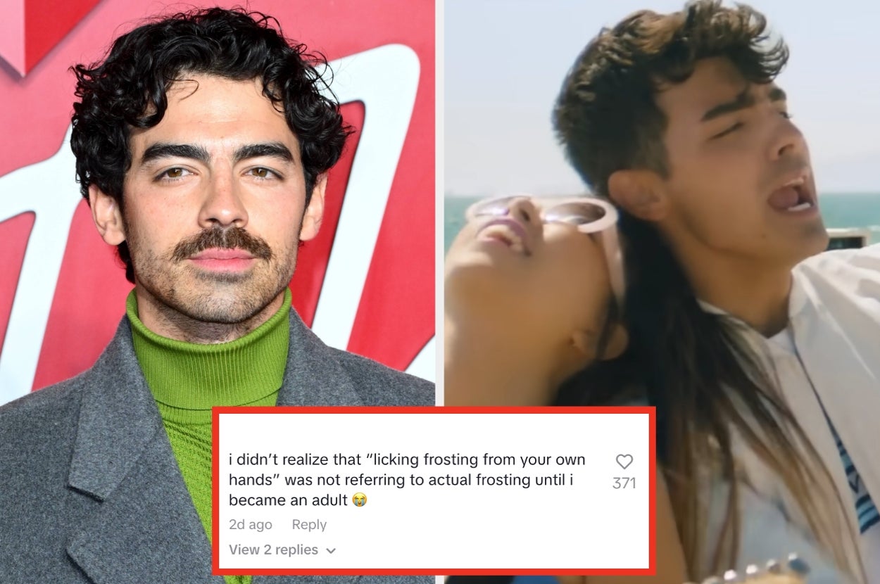 Left: Joe Jonas at an event. Right: Joe singing on a beach next to a woman. TikTok comment over shares a humorous misunderstanding about a song's meaning