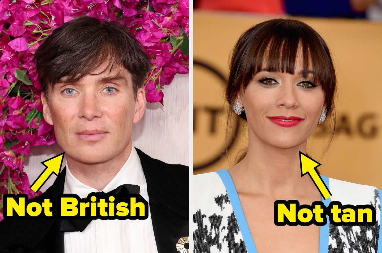 Two side-by-side celebrity portraits with text pointing out incorrect assumptions about their origins