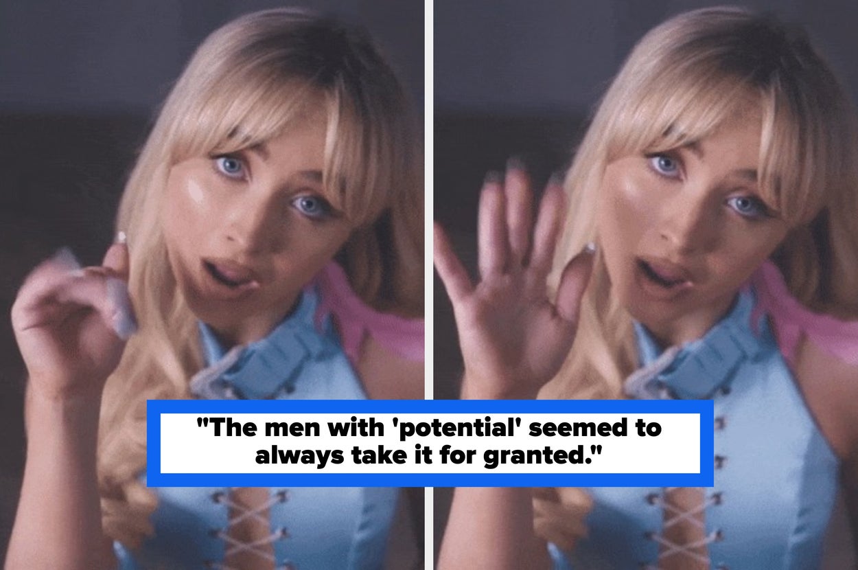 Person gesturing with hand; caption reads: "The men with 'potential' seemed to always take it for granted."