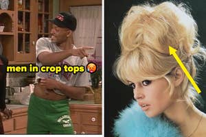 Split image: Left shows a man in a crop top; right features a woman with a beehive hairstyle. Yellow arrows and red text label each style