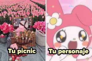 A la izquierda, un picnic con tulipanes; a la derecha, un personaje animado con orejas grandes y flor en la cabeza. Texto: "Tu picnic" y "Tu personaje"