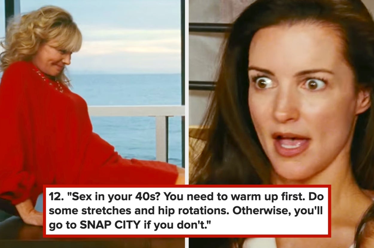 Split image: On left, woman in a red outfit looking playful. On right, woman with a surprised expression. Text discusses "Sex in your 40s" advice