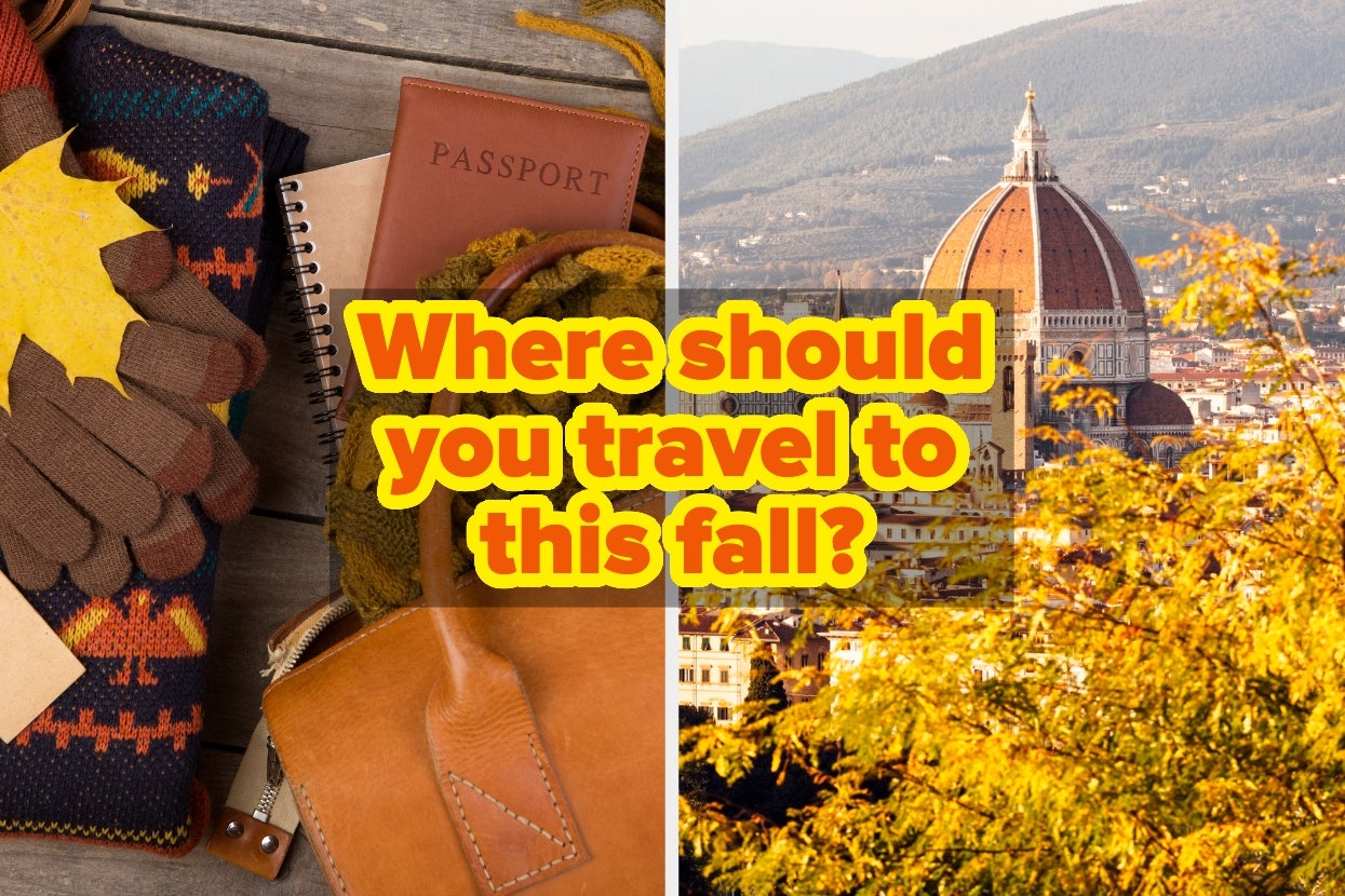 Passport and travel items next to a scenic view of Florence, Italy. Text asks, "Where should you travel to this fall?"