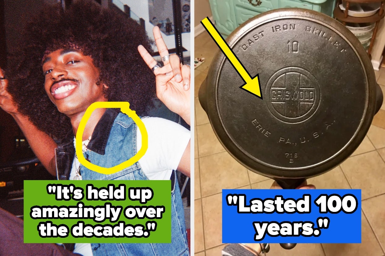 Left: Person smiling, wearing clothes with patches; quote about longevity. Right: Cast iron skillet bottom; caption notes it lasted 100 years