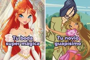 Two cartoon couples: on the left, a bride in a magical setting; on the right, a serene couple embracing. Captions: "Tu boda super mágica" and "Tu novio guapísimo."
