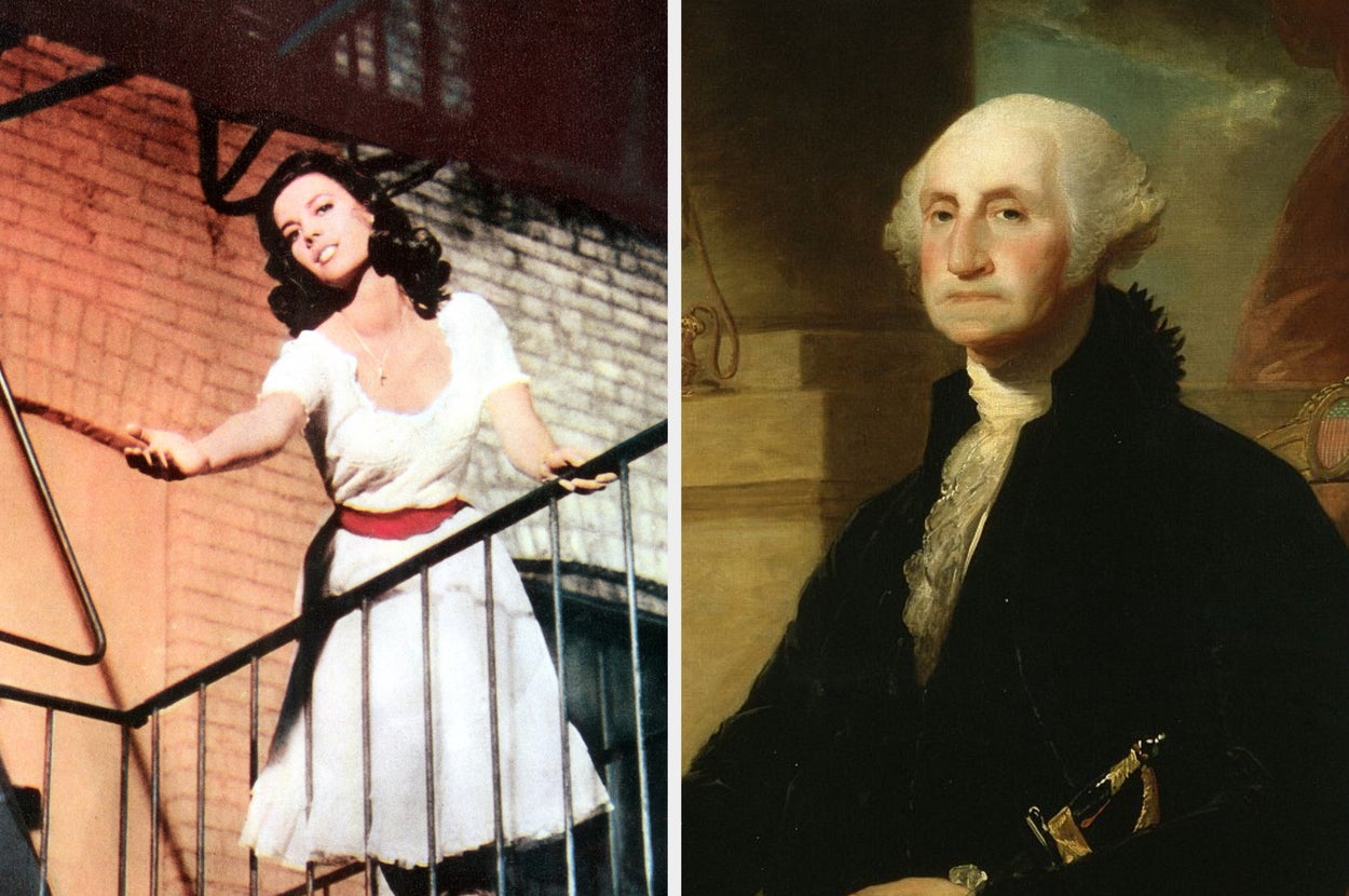 Left: Woman in a dress stands on a fire escape with an arm outstretched. Right: Historical painting of a man in formal 18th-century attire