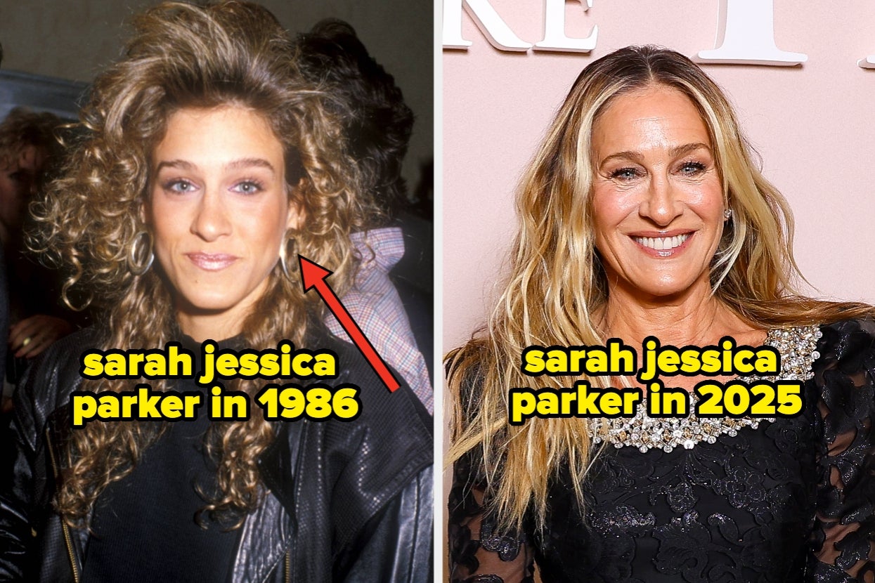 Side-by-side images of Sarah Jessica Parker in 1986 with curly hair, leather jacket, and in 2025 with straight hair and a lace dress