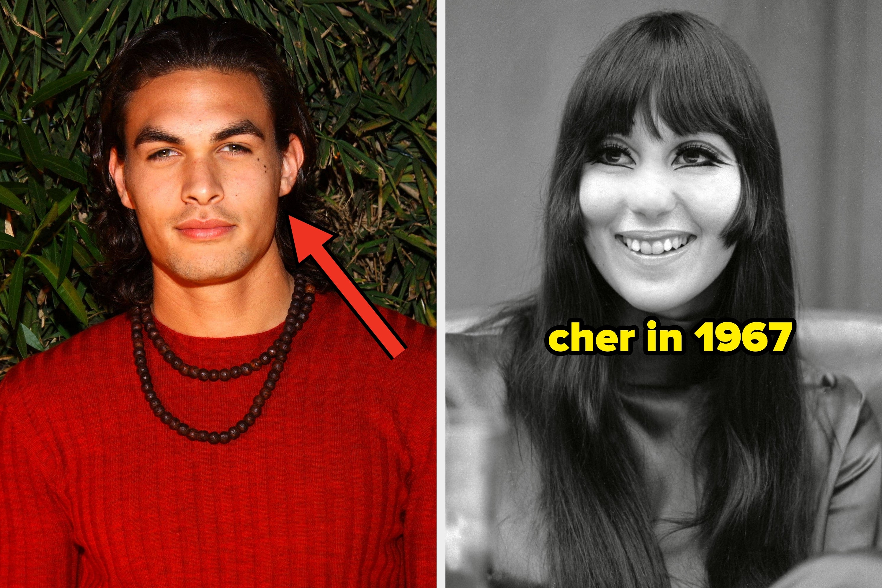 Split image of two celebrities: Left, person with long hair in a casual top; right, person with long hair in a youthful portrait