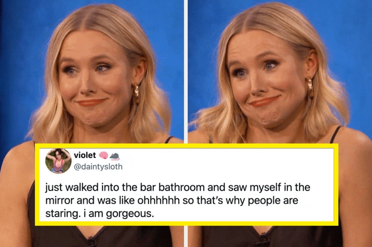 A woman making a humorous face on a talk show set; overlaid text is a funny self-confidence tweet