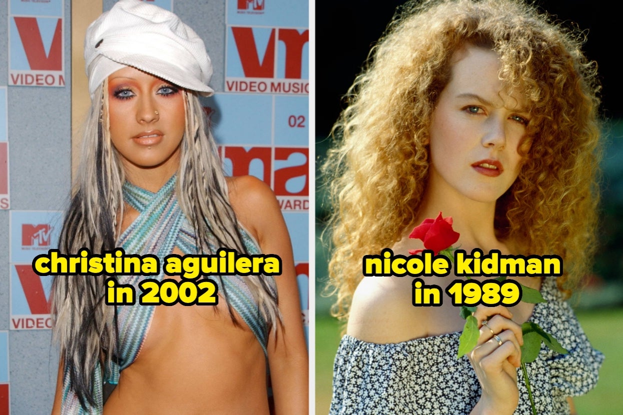 Side-by-side images: Christina Aguilera at 2002 VMAs in a stylish ensemble; Nicole Kidman in 1989 holding a rose, with curly hair