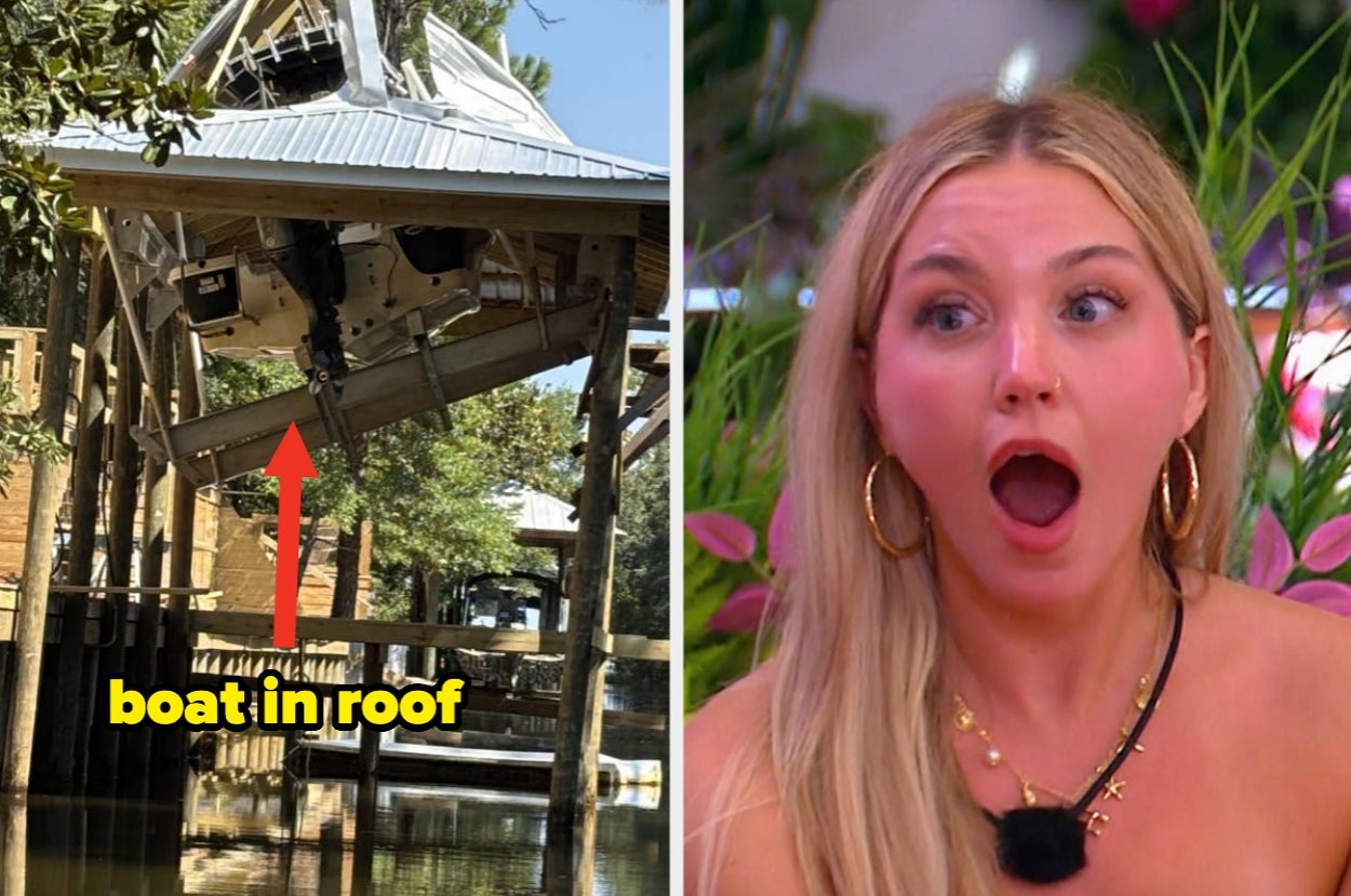 Split image: Left shows a boat lodged in a roof, right shows a surprised woman with open mouth