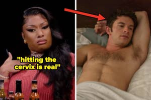 Split image: Left shows a person with a disbelieving expression and text "hitting the cervix is real." Right shows a person lying in bed, looking concerned