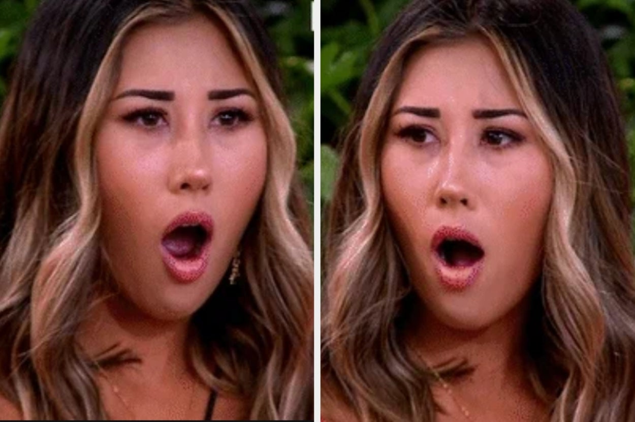 Woman with long hair appears surprised, mouth open, in two identical side-by-side images. Image may relate to a surprising or shocking event in a relationship