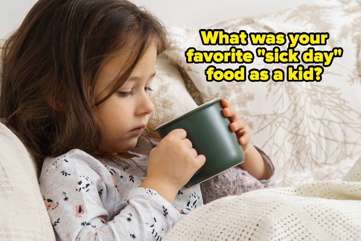 Child in pajamas holds a mug while sitting under a blanket. Text asks about favorite "sick day" food as a kid