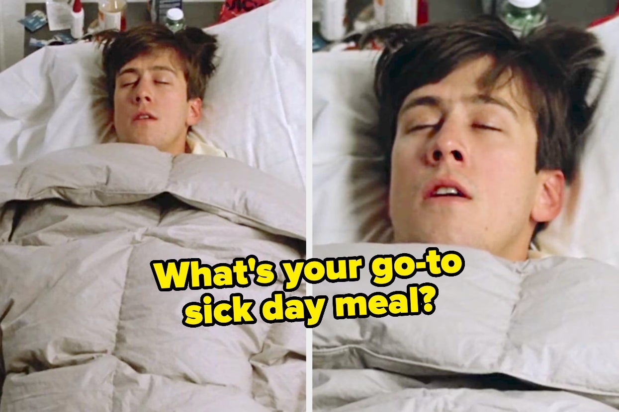 Cameron in Ferris Bueller's Day Off sleeping in bed sick with text asking, "What's your go-to sick day meal?" in bold letters