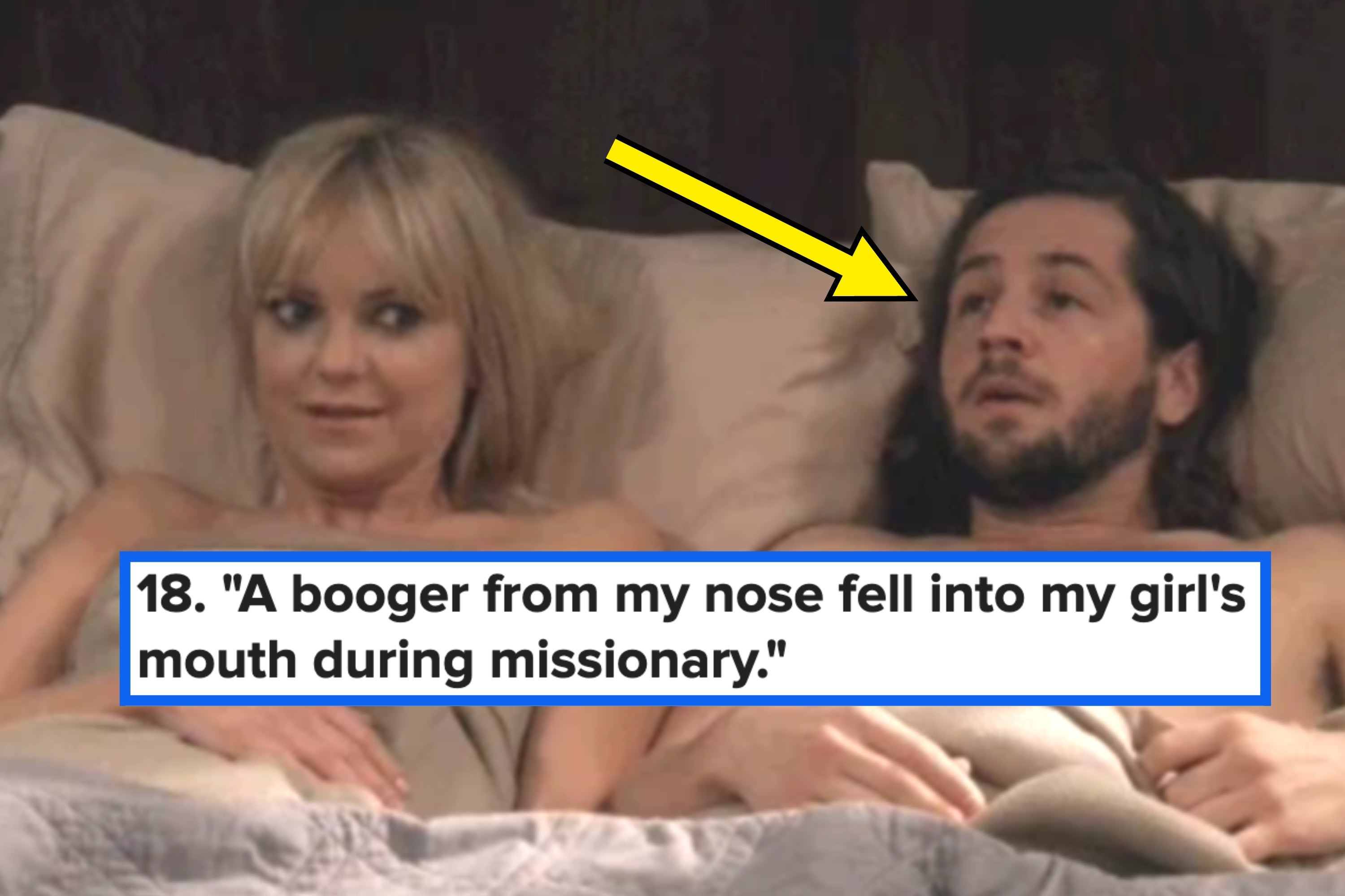 A couple lies in bed under covers; the man appears surprised, and an arrow points to him