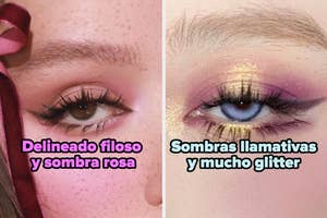 Close-up of two eye makeup styles: left has sharp eyeliner with pink shadow; right features bold shadow with glitter and defined lashes