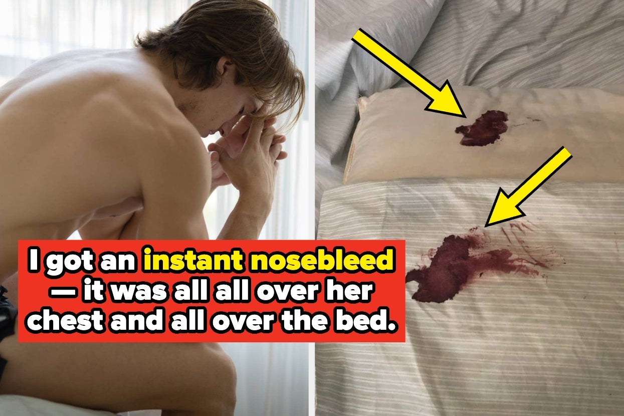 Person sitting on a bed, looking distressed; bloodstains visible on bed sheets with a caption about a nosebleed