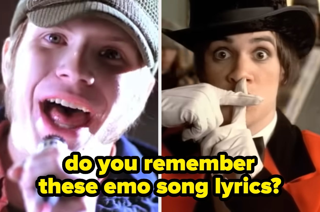 Split image of Patrick Stump and Brendon Urie. Text: "do you remember these emo song lyrics?"