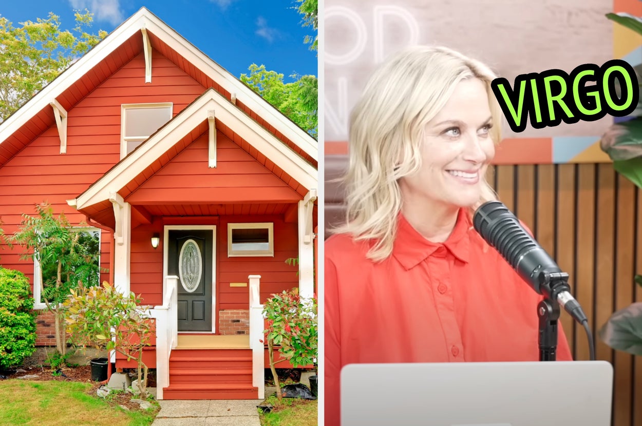 On the left, a quaint, country-style house, and on the right, Amy Poehler labeled Virgo