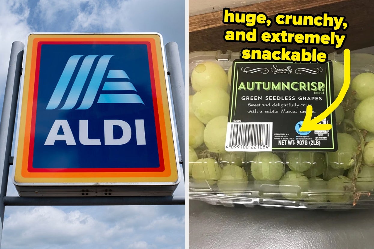 Aldi sign and a package of Autumncrisp green seedless grapes labeled as "huge, crunchy, and extremely snackable" in the text overlay