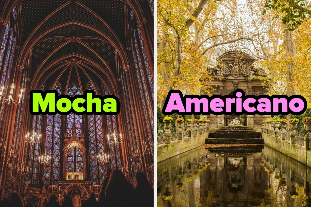 Gothic cathedral interior labeled "Mocha" and a serene, tree-lined reflection pond with a historic monument labeled "Americano"