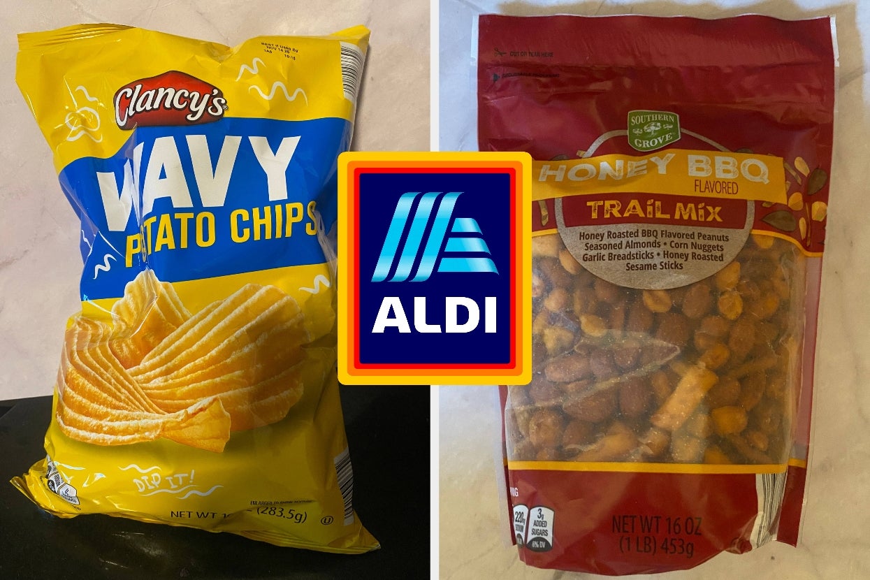 Bag of wavy potato chips and bag of honey BBQ trail mix next to an Aldi logo