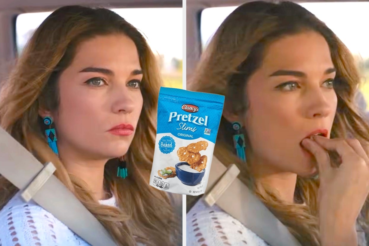 Alexis from Schitts Creek eats in a car with an overlay of Aldi's Pretzel Slims