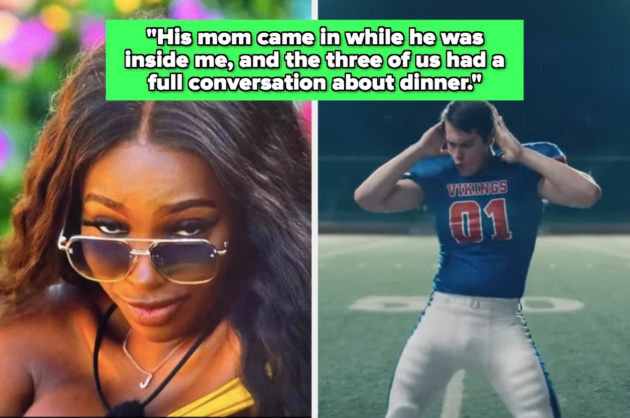 Split image: Left, person lowering sunglasses with an amused expression. Right, football player in blue jersey 01 adjusting helmet. Text above reads a humorous anecdote