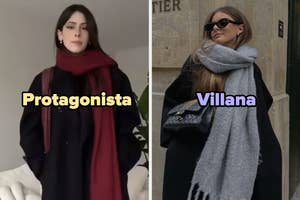 Two women in dark outfits and scarves; left labeled "Protagonista" with red scarf, right labeled "Villana" with gray scarf
