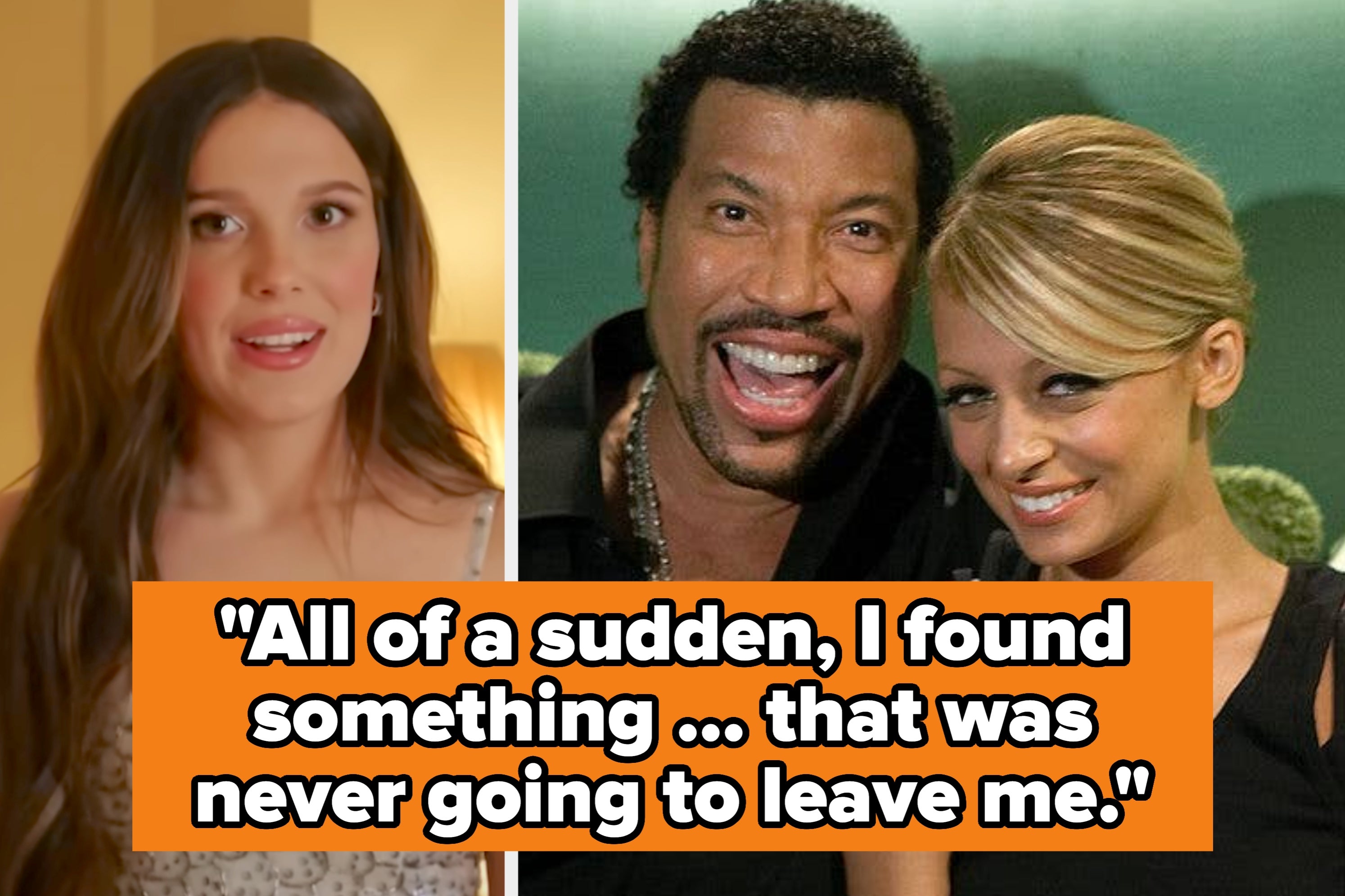 Split image: On the left, a woman speaks to the camera. On the right, two people smile; one has a dark beard. Text reads, "All of a sudden, I found something ... that was never going to leave me."