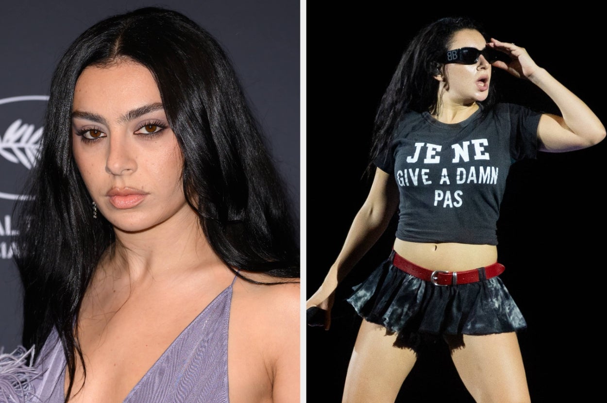 Person on the left in evening gown; person on the right performing in a "Je Ne Give A Damn Pas" t-shirt and mini-skirt