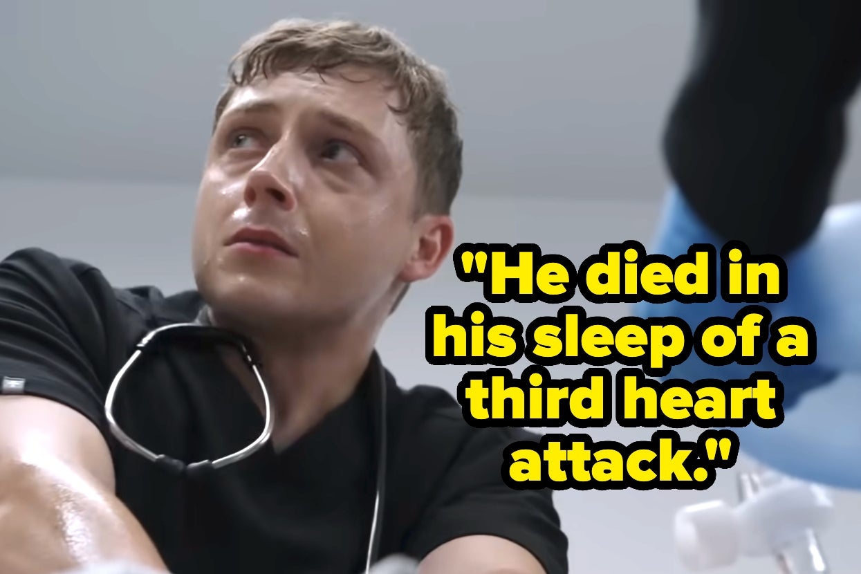 A concerned medical professional looks upward, stethoscope around neck, with text overlay saying, "He died in his sleep of a third heart attack."