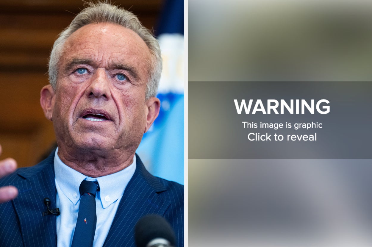 RFK Jr. speaking next to a blurred image with an overlay that reads, "WARNING This image is graphic; Click to reveal"